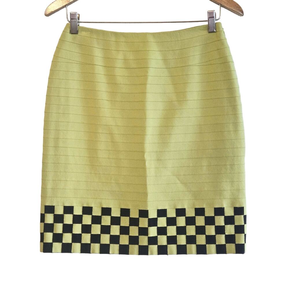 VINTAGE AVOCADO GREEN CHECKERED BONDAGE PENCIL SKIRT 1980S